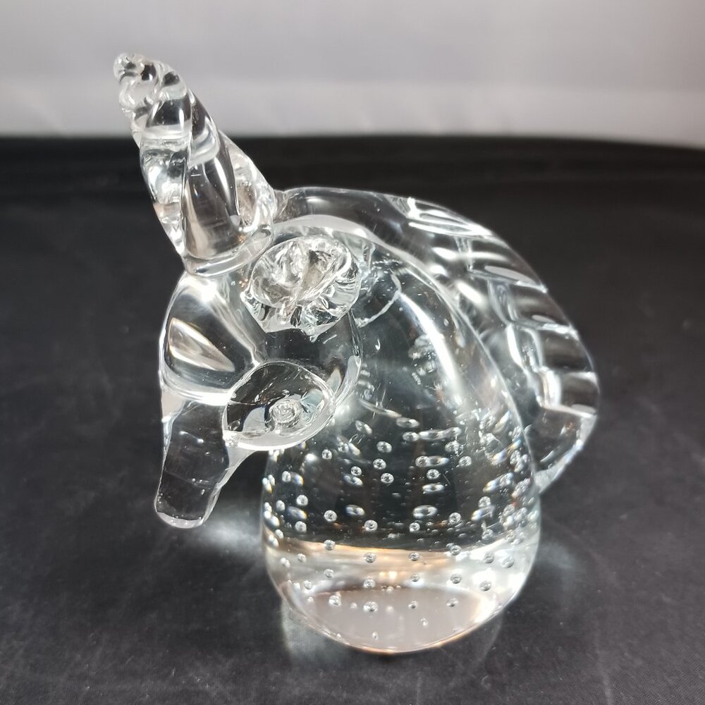 Vintage Controlled Bubbles Clear Art Glass Unicorn Paper Weight 4”